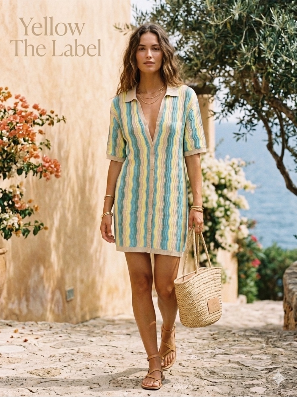 Yellow The Label Felix Knit Short Sleeve Shirt Dress Tropic S/M Multi Color Polo
